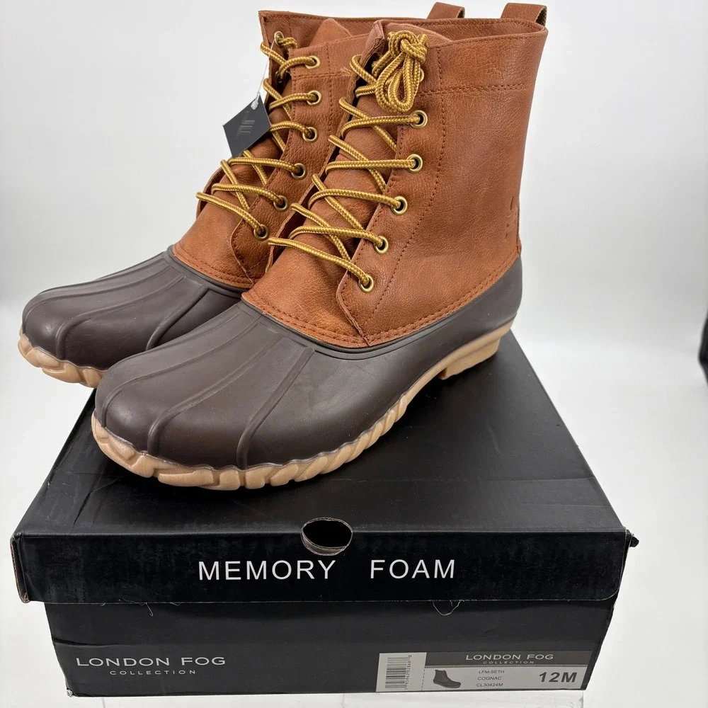 New With Box 12 London Fog Seth Duck Boots Men Cognac Brown CL30424M Rain/Snow
